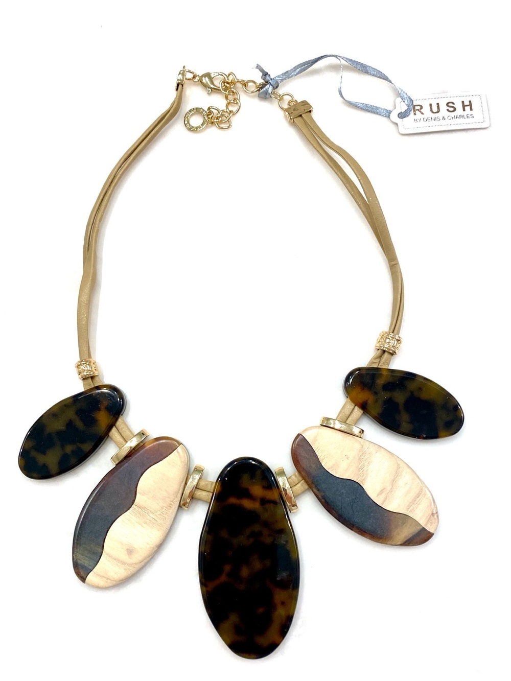 Rush by Denis & Charles Tortoise Wood Statement Necklace Bib Cord NWT 